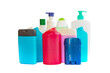 Collection of colorful plastic bottles and containers of hygiene products on isolated on transparent background
