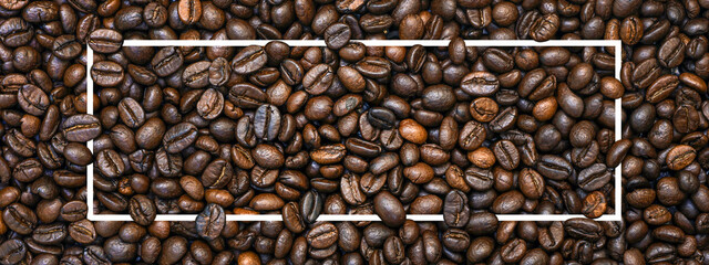 Wall Mural - Blank white frame in the roasted coffee beans background, texture with copy space, Panorama.