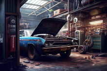 The Garage With Old Cars In The Area Of Art Work