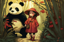 A Smiling Little Girl In A Red Coat And Hat Walks In Front Of A Giant Panda With A Bamboo Forest In The Background Generative AI