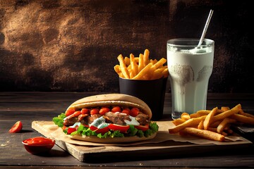 Sticker - a burger, fries, and drink on a cutting board