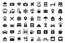 Travel And Tour Icons Set. Tourism Vector Icon Collection. City Hotel Facility Sign. Contains Symbol Of Airport, Airplane, Mountains, Bicycle, Electric Vehicle, Crown, Globe, Passport, Gondola Lift.
