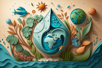 Wall Mural - Paper art , Ecology and world water day , Saving water and world Environment day, environmental protection and save earth water Generative AI