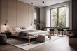 © Lud Blue - Double Bedroom, Contemporary Japandi, Minimalist, Scandinavian Interior Design with Clean Lines, Natural Lighting, and Soft Neutral Colors. Hygge architecture. Generative AI