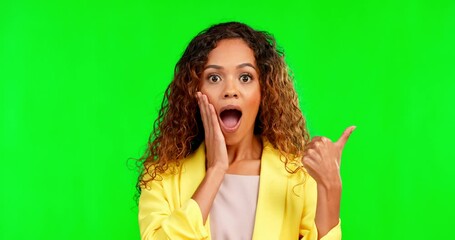 Poster - Shock, green screen and woman in a studio pointing at mockup space for advertising or marketing. Surprise, amazed and portrait of model showing mock up for product placement by chroma key background.