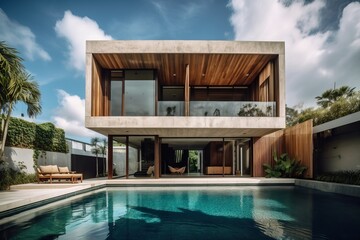 Contemporary villa with wood and concrete in a lush tropical garden, generative ai