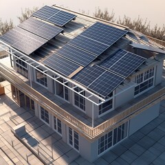 Wall Mural - home with solar panels on the roof, ideal for sustainable energies backgrounds, generative AI