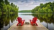 © Infinite Shoreline - Two red adirondack chairs on a wooden dock on a lake - generative ai