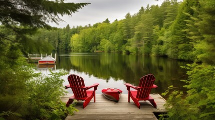 Two red adirondack chairs on a wooden dock on a lake - generative ai