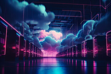 cloud storage server futuristic technology cyber-world 3d ai illustration: datacenter with global ne