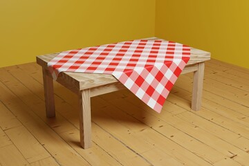 Sticker - 3D render of a wooden table with red and white checkered tablecloth