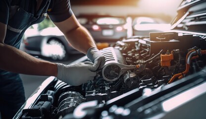 Wall Mural - repairman hands repairing a car engine automotive workshop with a wrench, Automobile mechanic car service and maintenance, Repair service	