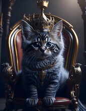 Cute Kitten Sitting On A Throne Wearing A Crown