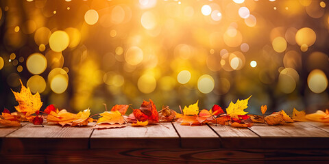 Wall Mural - Autumn Time. Autumn leaves On Wooden Table In Autumn Garden With Defocused Bokeh Lights And Flare Effect.