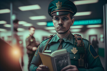 Border guard in uniform at passport control at the airport, rear view. Generative AI