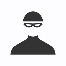 Thief With Cap Black Icon. Criminal Logo. Vector Illustration In A Flat Trendy Style. Vector Illustration Isolated On White Background.	