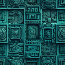 Seamless 3d Mayan Glyphs Blue Tile Pattern Background. Generative Ai Illustrated.