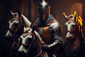 Wall Mural - Medieval formidable knights prepare for historical battle. A historical medieval concept. Generative AI Art.