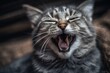 The sleepily yawning gray cat with long, sharp teeth yawns. Generative AI