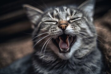 Wall Mural - The sleepily yawning gray cat with long, sharp teeth yawns. Generative AI