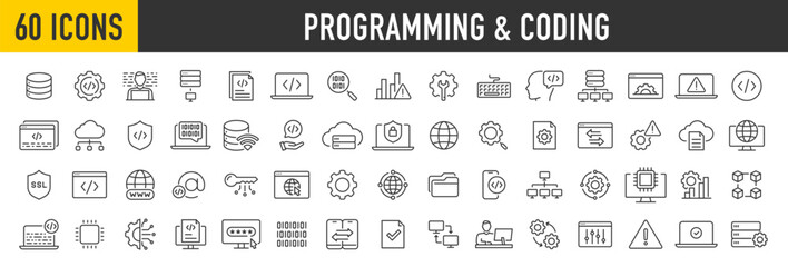 Wall Mural - Set of 60 Programming and coding web icons in line style. Information technology, developer, idea, advertising, app, archive, collection. Vector illustration.