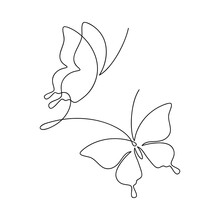 One Line Continuous Butterflies Drawing. Minimal Vector  Illustration. Hand Drawn Moth Linear Silhouette Icon. Outline Design Element, Print, Banner, Card, Poster, Brochure, Logo, Product Packaging.