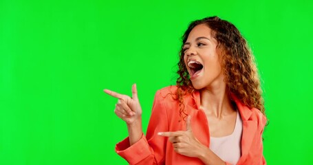 Canvas Print - Flirt, green screen and woman with finger guns, motivation and girl against a studio background. Female, lady and wow expression with attitude, sassy and hand gesture for promotion, success and smile