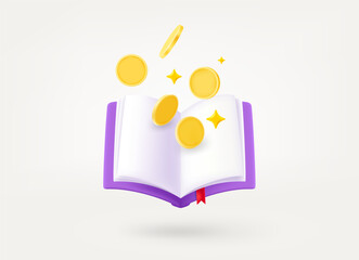 Poster - Book with gold coins. Pay for education or information concept. 3d vector illustration