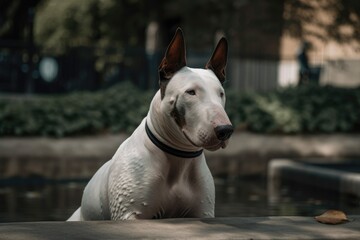 Canvas Print - Dog sitting in the park is an English bull terrier. Generative AI