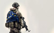 A soldier with a machine gun and with the flag of the European Union. EU flag. AI generated