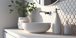 3D styled art illustration an empty white vanity counter with ceramic washbasin and modern style faucet in a bathroom with morning sunlight and shadow. Products display mockup. Generative Ai.
