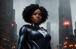 A beautiful African-American woman is a superhero against the background of an evening city on a cloudy day. Generative AI.