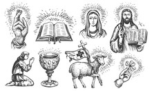 Faith In God Concept In Sketch Style. Set Of Religious Illustrations In Vintage Engraving Style