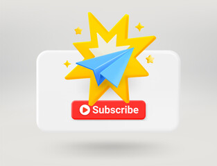 Poster - Pop up window with red button, blue plane and flash. Subscribe concept. 3d vector illustration