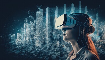 Wall Mural - Futuristic virtual reality or augumented reality with head-mounted display background concept generative ai