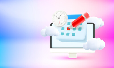 Poster - Shedule concept with calendar and computer app. 3d vector banner with copy space
