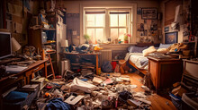 A Very Messy Student Bedroom That Needs A Deep Cleaning.  Hoarding. (generative AI)