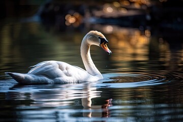 Canvas Print - a graceful white swan bird swimming on water that is blue and reflective. Generative AI