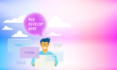 Web deloper in glasses at work. 3d style cute illustration