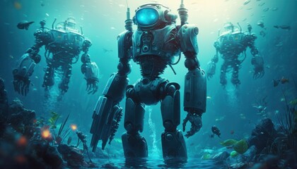 Wall Mural - Humanoid robots high tech robotics background concept generative ai