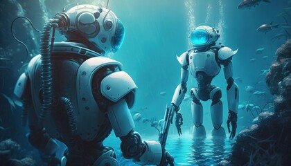 Wall Mural - Humanoid robots high tech robotics background concept generative ai