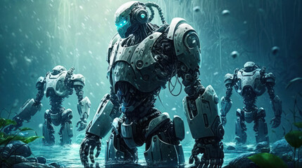 Wall Mural - Humanoid robots high tech robotics background concept generative ai