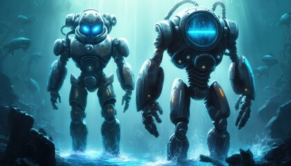 Wall Mural - Humanoid robots high tech robotics background concept generative ai