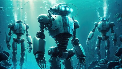 Wall Mural - Humanoid robots high tech robotics background concept generative ai