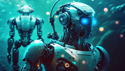 Wall Mural - Humanoid robots high tech robotics background concept generative ai