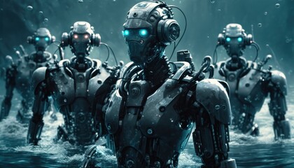 Wall Mural - Humanoid robots high tech robotics background concept generative ai