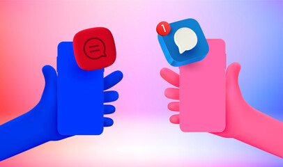 Leinwandbilder - Mobile data transfer concept. 3d vector illustration with hands holding smartphones