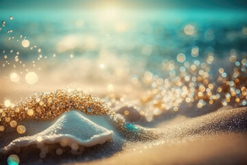 Wall Mural - Sand And Sea - Beach Summer With Defocused Ocean and Bokeh Lights - Abstract Blurred Seashore (ai generated)