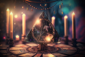 cartomancy - pendulum on blurred altar with defocused tarot cards (ai generated)