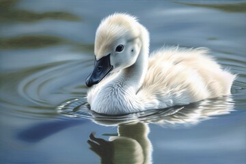 Canvas Print - A juvenile swan on a lake is depicted in this painting. Generative AI